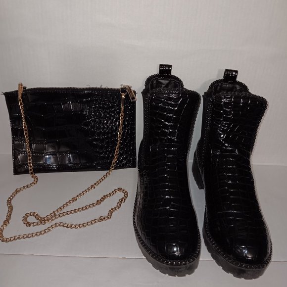 NO DOUBT PATENT LEATHER CROC PRINT BOOTS & HANDBAG - Picture 3 of 12